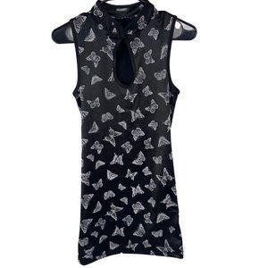 Women’s  Mandarin Collar Black Dress with Butterfly Print Size S